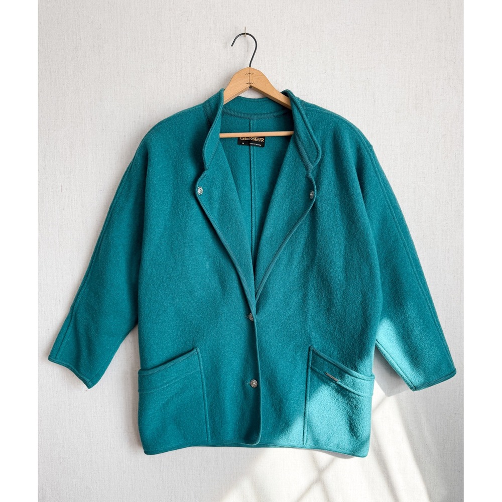 Geiger Boiled Wool‎ Jacket Teal Blue Austrian Tyrolean Button Up Cardigan M-L